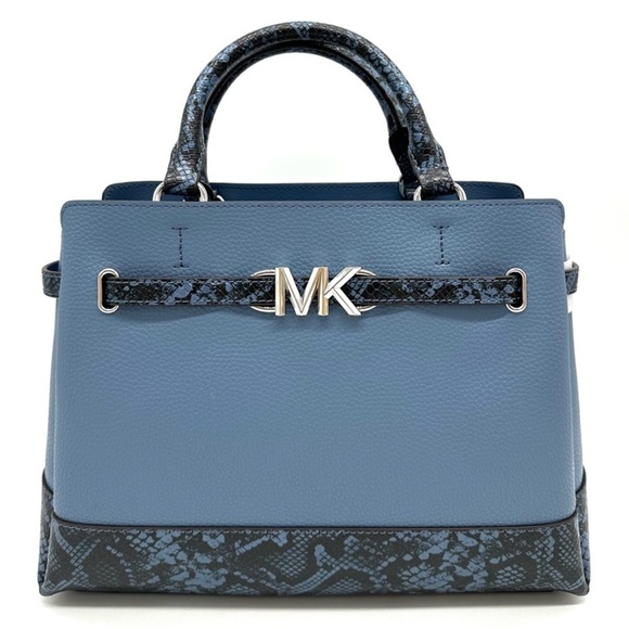 Michael Kors Large Reed Leather Belted Satchel Crossbody Bag Blue Snakeskin - Picture 2 of 12